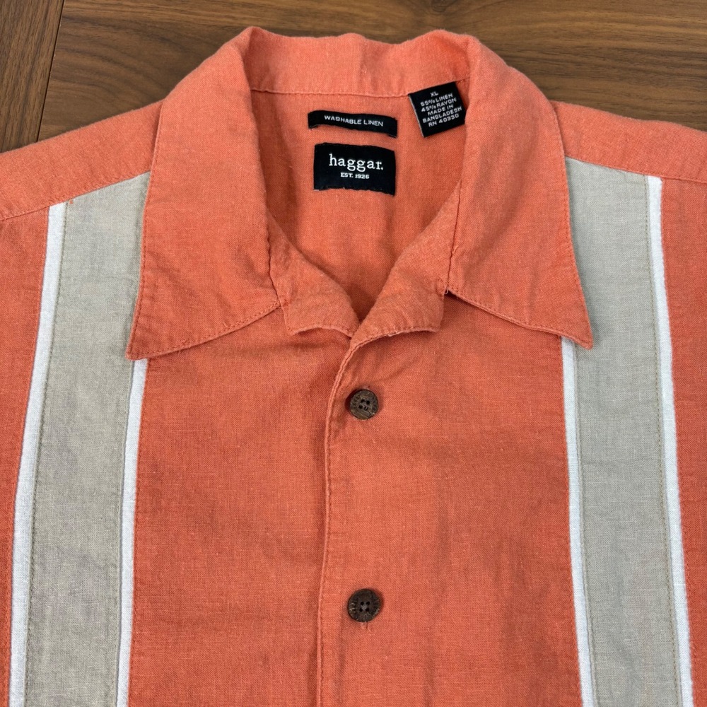 Haggar Men XL Linen Blend Camp Shirt Coral Orange Striped Short Sleeve Button Up